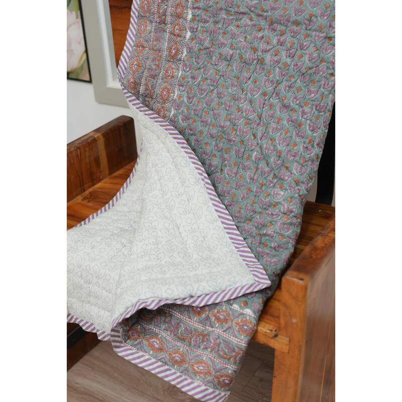 Fabdivine Luxury Hand Block Print Cotton Quilt Floral Boho Bedding for Bedroom & Sofa, Pink Brown, Handmade Reversible Bedspread