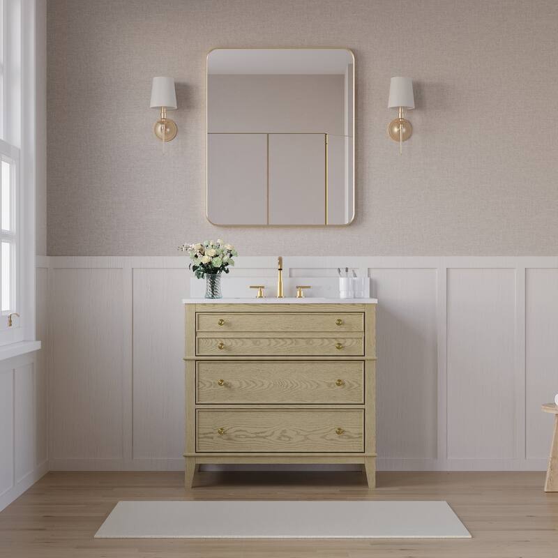 35''H Solid Wood Bathroom Vanity with Carrera White Quartz Top,Drawers And Single Sink