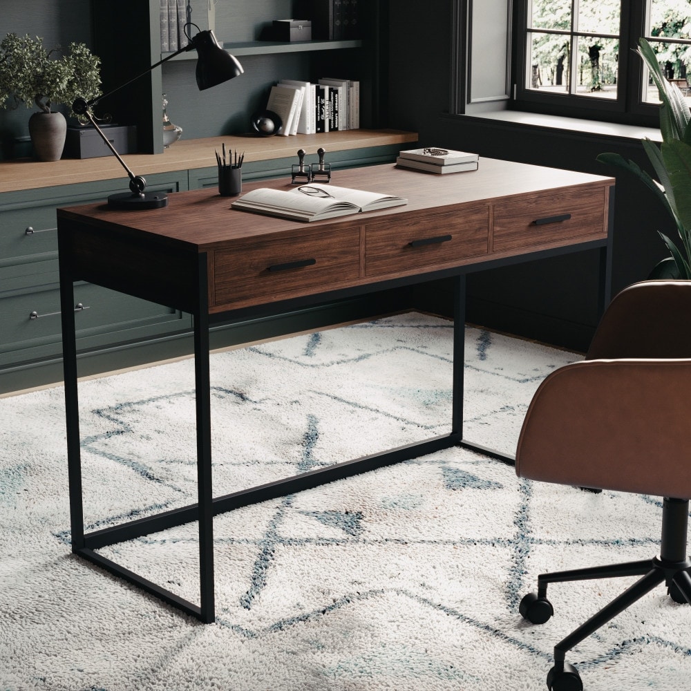 Martha Stewart Slim Modern Home Office Desk with 3 Drawers and Metal Frame