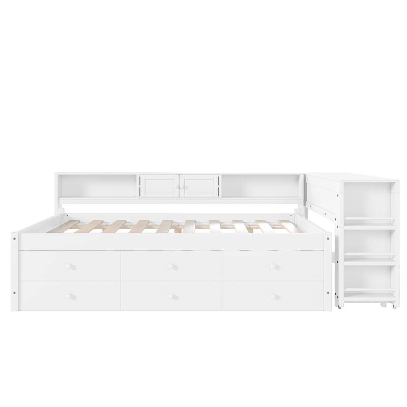 Full/Twin Daybed with Trundle & Storage Drawers - Wood Frame with Side Shelves and Desk