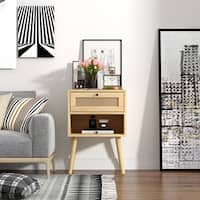 UNHO Bamboo Plant Side Table With Drawer And Storage Shelf, Nightstand For Bedroom, Light Brown