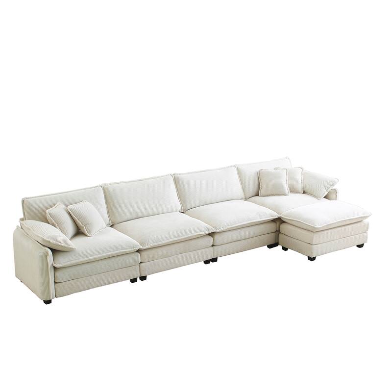Beige 5-Piece Oversized Corduroy L-Shaped Modular Sectional Sofa with Ottoman