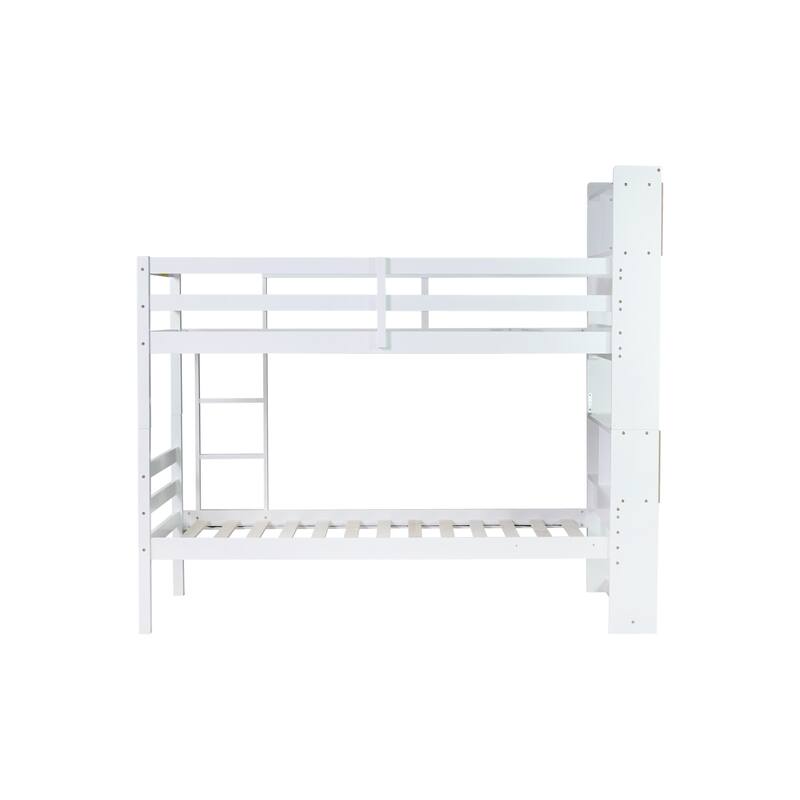 Roomfitters Twin Over Twin Rubber Wood Bunk Bed with Shelves Headboard, Convertible Design, Ladder and Safety Guardrails
