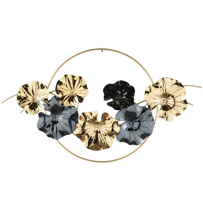 Gold Stainless Steel Metal Floral Home Wall Decor with Circular Frame and Black Accents