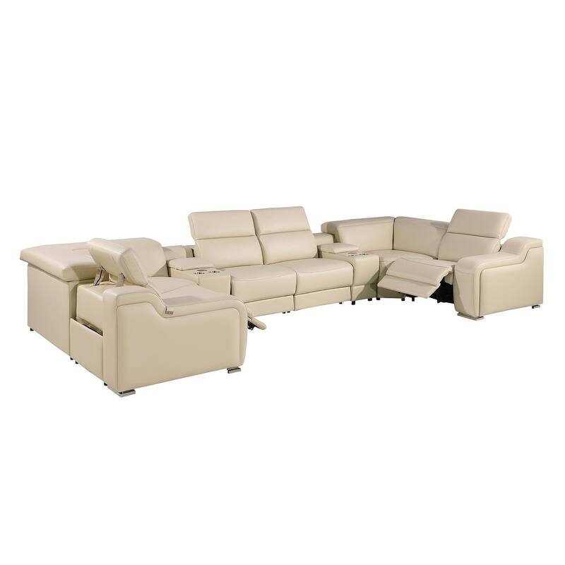 HomeRoots Beige Italian Leather Power Reclining U Shaped Eight Piece Corner Sectional With Console