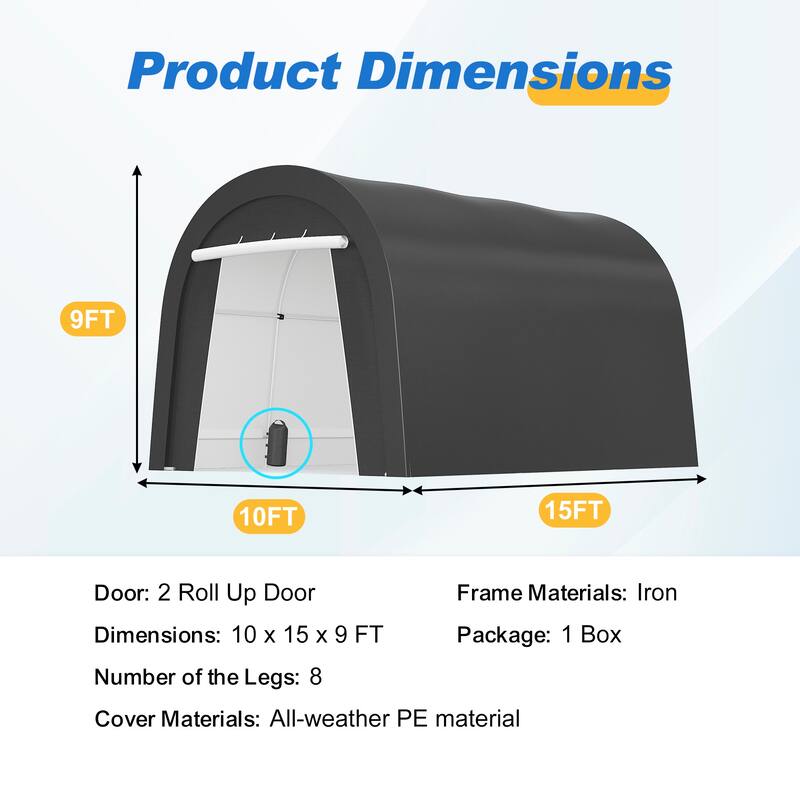 10' x 15'Portable Domed Carport with 2 Roll-up Doors