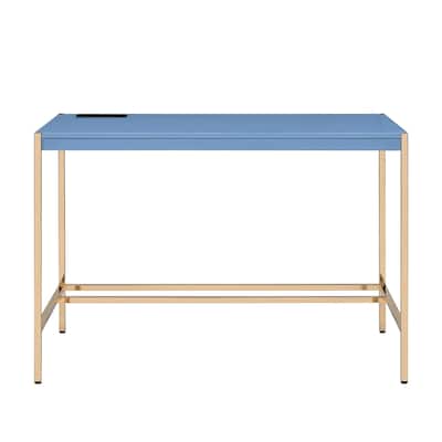 Rectangular Writing Desk with USB Port, Navy Blue and Gold