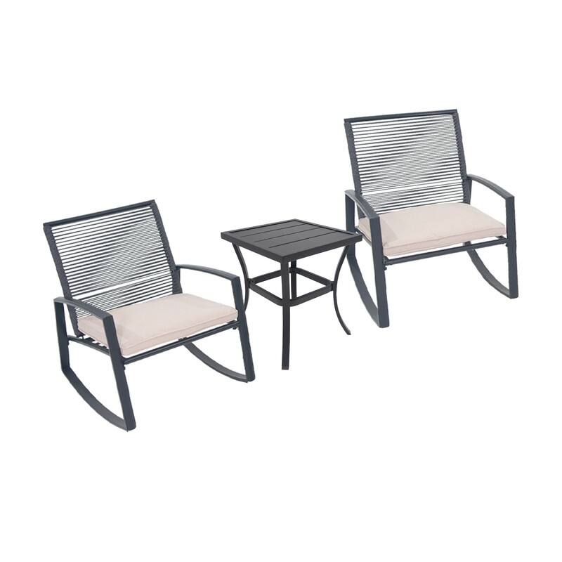 Domi Outdoor 3-Piece Wicker Rocking Chair Set, Patio Conversation Set with Removable Textilene Cushions & Metal Coffee Table