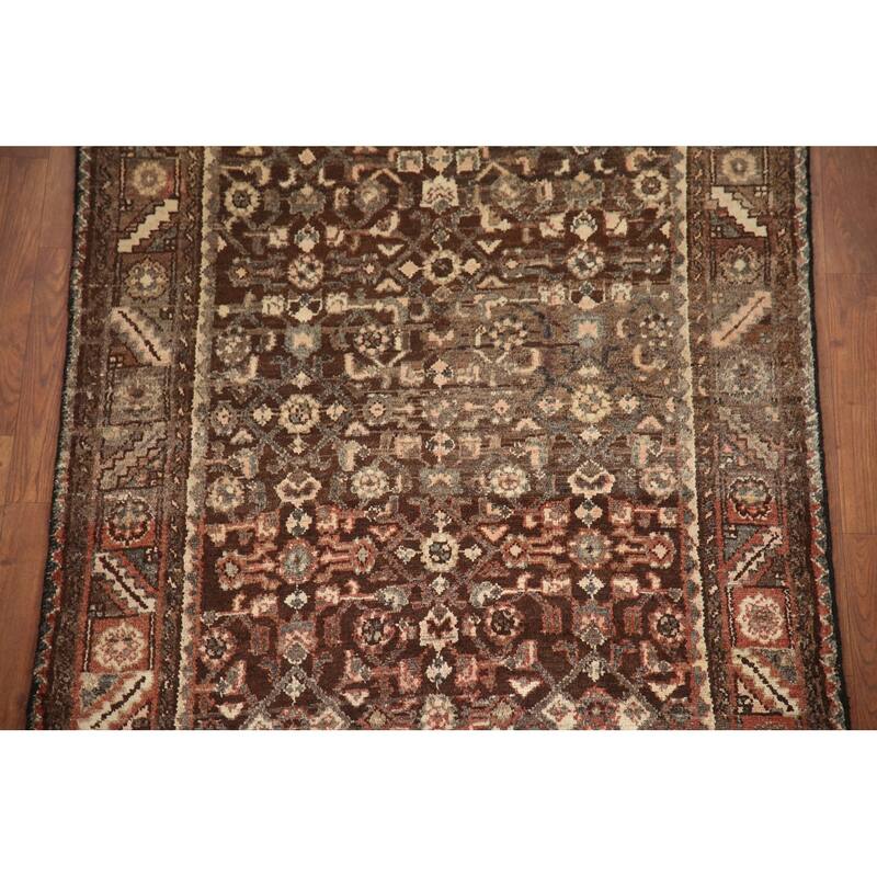 Hand Knotted Oriental 100% Wool Carpet Traditional Geometric Brown Malayer Runner Rug - 10' 2'' X 3' 3''