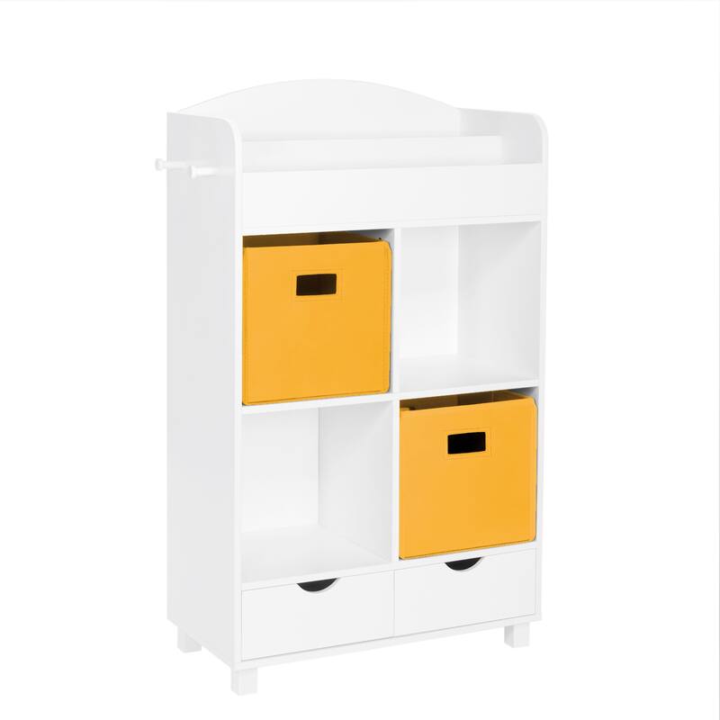 RiverRidge Kids Book Nook Cubby Toy Storage Cabinet with Bookshelf, Drawers, and Hooks - White with Golden Yellow Bins