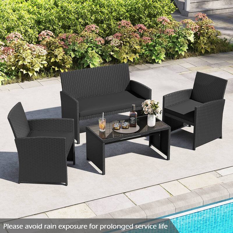 Gymax Set of 8 Patio Conversation Set w/Seat Cushions & Tempered Glass