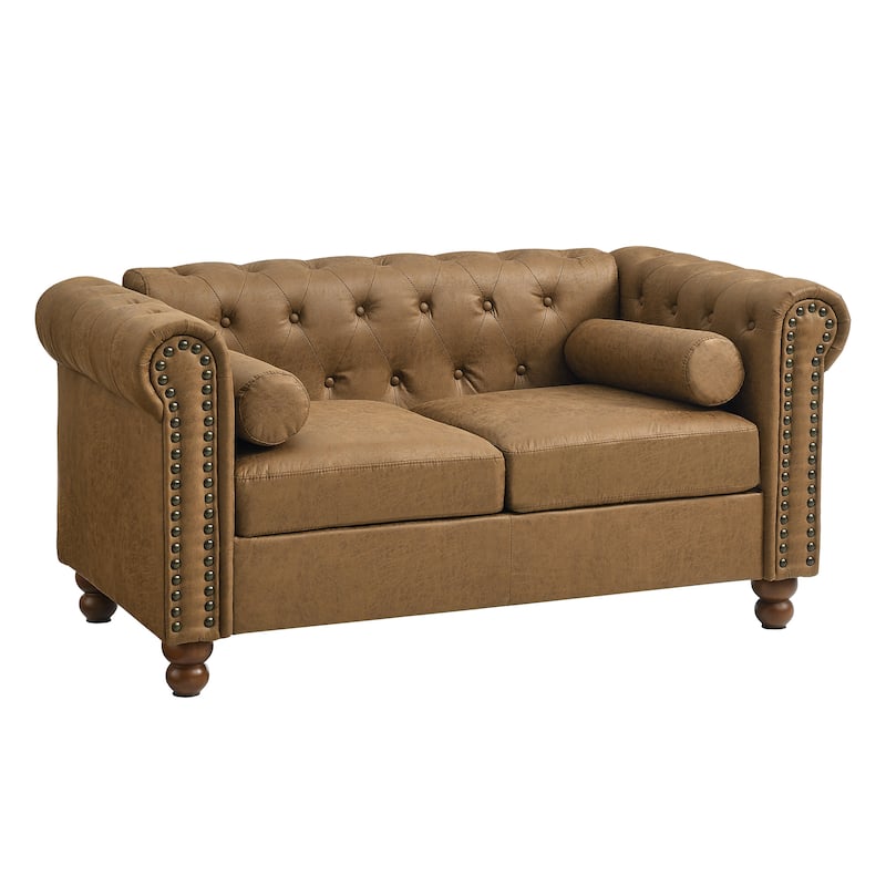 Brown 55'' Fabric 2-Seater Sofa with Tufted Back, Headrests, and Sturdy Wooden Legs