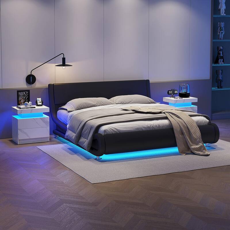 Nightstand LED Bedside Table Cabinet Lights Modern End Side with 2 Drawers for Bedroom (Blue Gold)