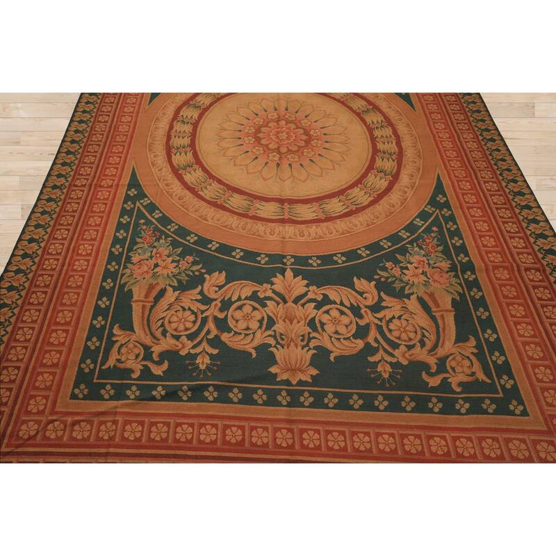 7'4''x11'7'' Hand Woven Wool Teal French Needlepoint Flatweave Area Rug - 7' 4'' x 11' 7''