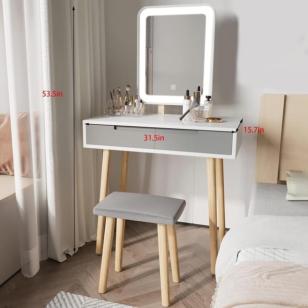 grey and white dressing table Set with 3 Lighting Modes Mirror, Silent Slide Drawers, Free Makeup Organizer in Grey+White - Bed Bath & Beyond sale: Mid Year NEW