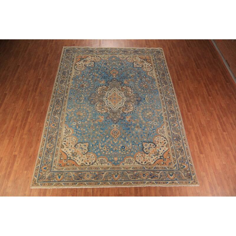 Traditional Blue Floral Tabriz Persian Rug Handmade Wool Carpet - 9'8"x 12'9"