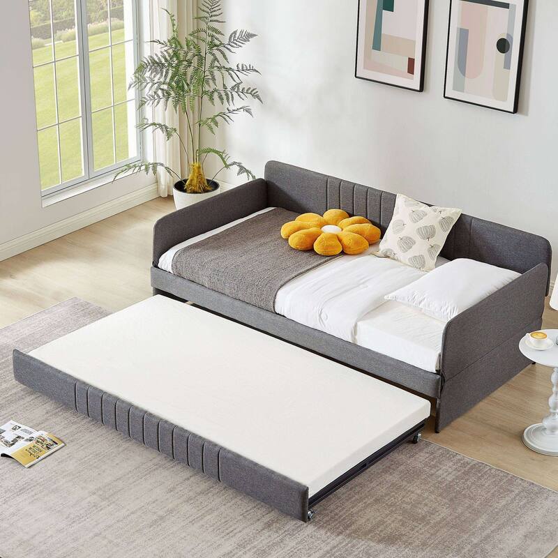 Twin Size Daybed with Trundle, Metal Frame, Space-Saving Sofa Bed for Bedrooms & Living Rooms - Grey - Twin