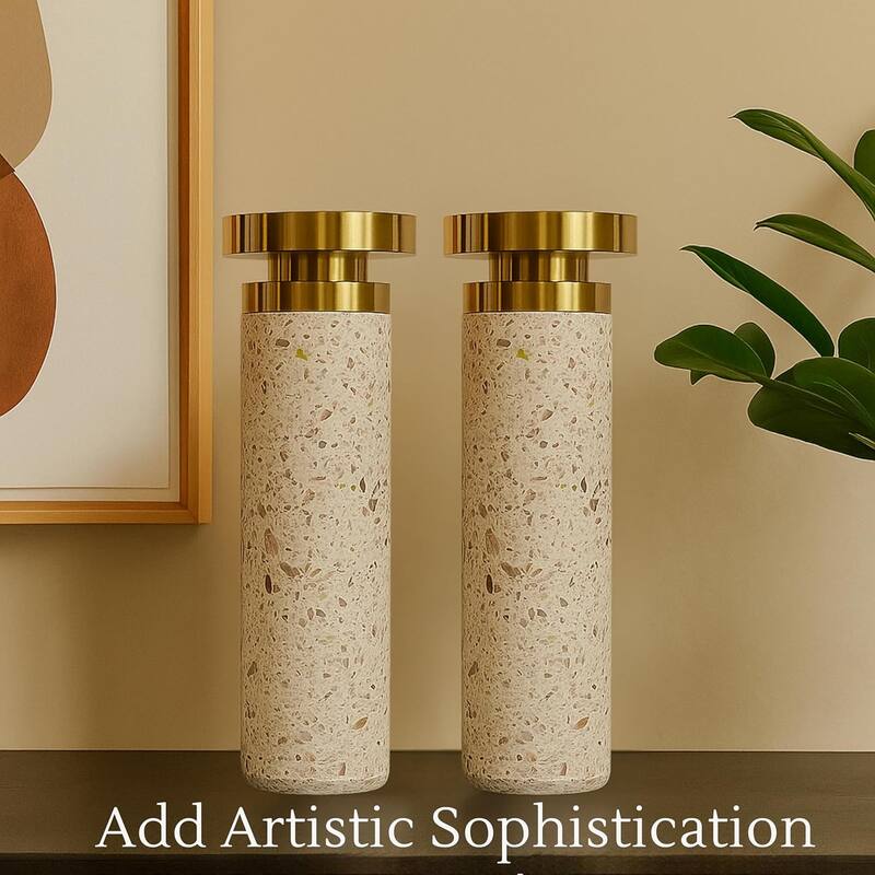 Pink Tall Cement Candlestick Set of Two with Gold Trim and Splattering