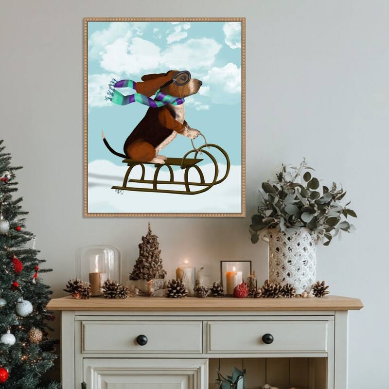 Basset Hound Sledging by Fab Funky (23 x 28 in.), Framed Canvas Wall Art Print - Sylvie Beaded Rustic Natural