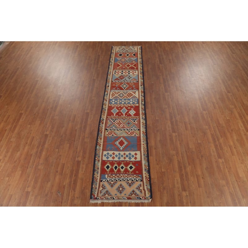 Vegetable Dye Kilim Qashqai Persian Antique Runner Wool Carpet - 2'9"x 13'1"