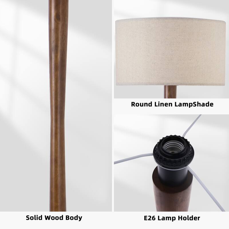 61 in. Retro Standing Floor Lamp with Rubberwood Base and Linen KD Lampshade for Bedroom, Living Room