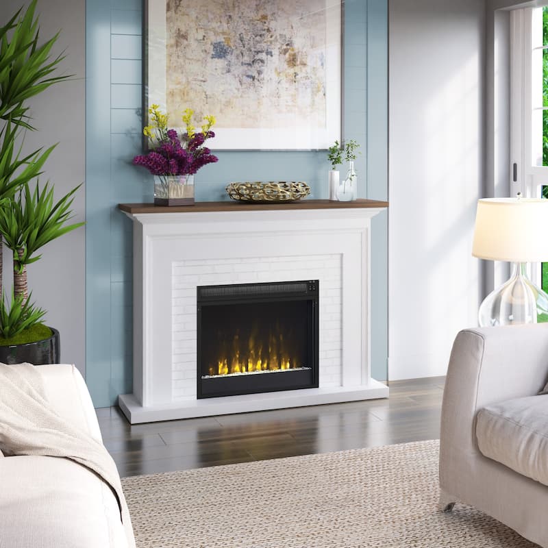 Farmhouse Wall Mantel with 23" Fireplace with Faux Brick Surround, White