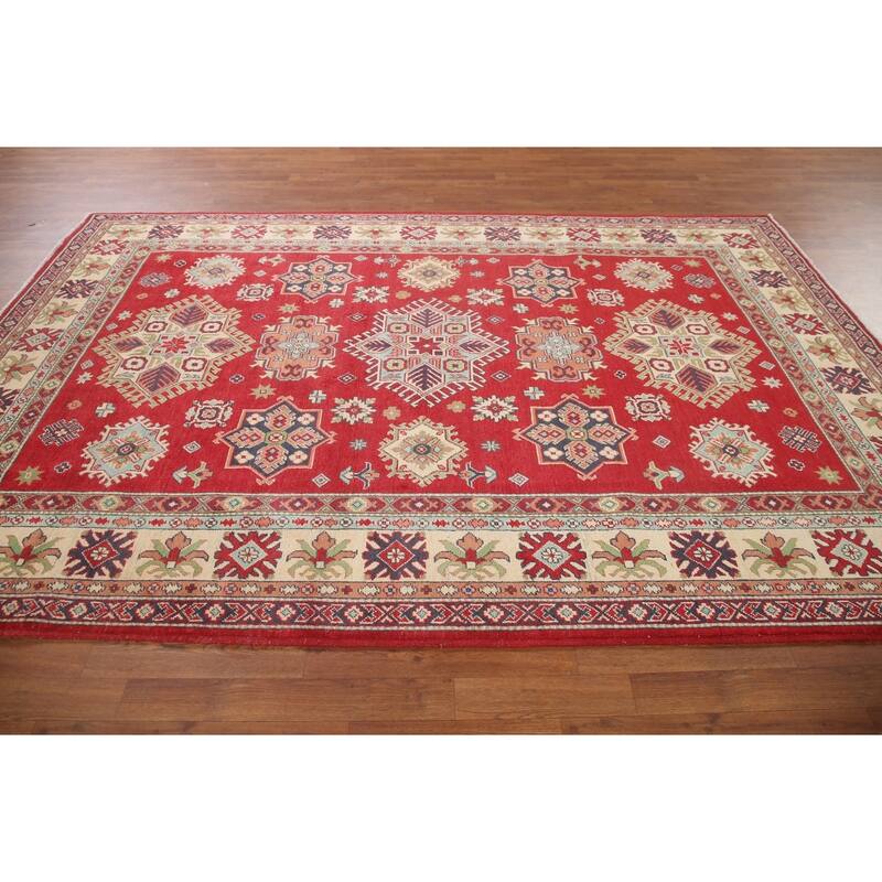 Hand Knotted Oriental 100% Wool Carpet Traditional Geometric Red Kazak Area Rug - 9' 10'' X 6' 6''