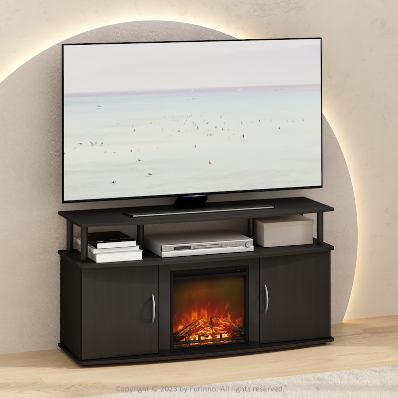 Furinno Jensen No Heat Decorative Electric Fireplace TV Stand for TV up to 55 Inch with Doors Storage Cabinet