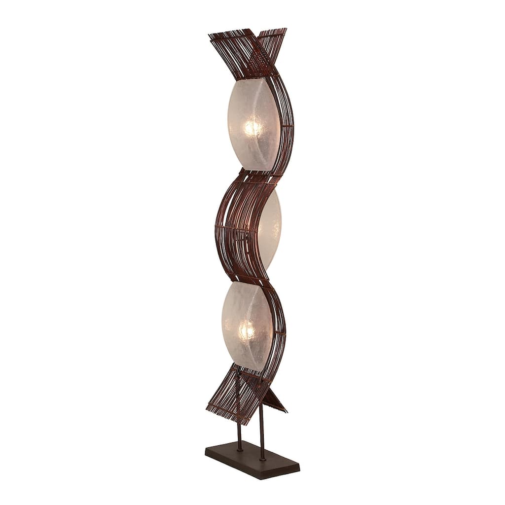 Bamboo Wood Tribal Wavy Floor Lamp with Cream Lamp Shades - Brown - Roche River Decor