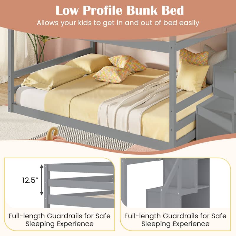 Costway Full Over Full Low Bunk Bed with Storage Stairs with