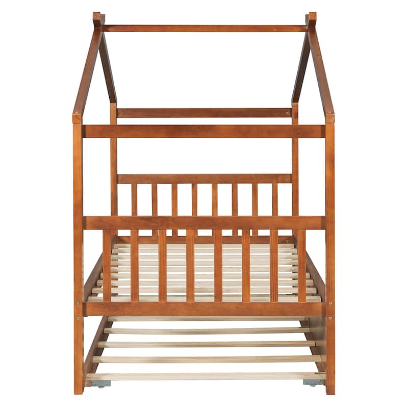 Kids Roof Platform Bed with Trundle, Twin Size House Bed Wooden Daybed Frame with Headboard and Bedtailboard for Boys, Girls