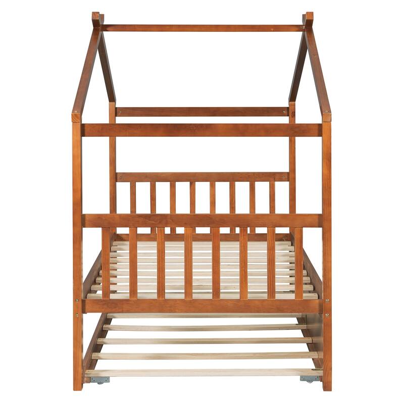 Twin Size Wooden House Bed with Twin Size Trundle, Walnut