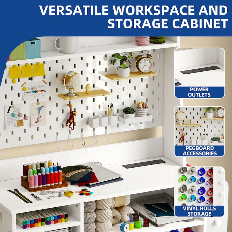 Moasis Craft Table with Storage Cabinet, USB Ports and AC Outlets, Crafting Organizer Compatible with Cricut Machine