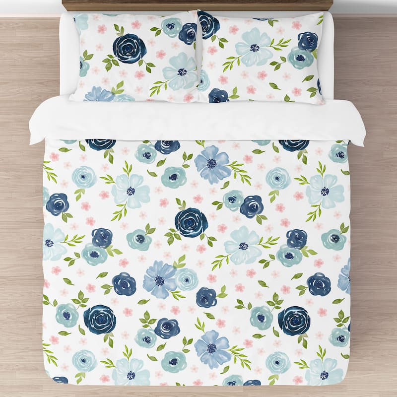 Navy Blue and Pink Watercolor Floral Girl 3pc Full/Queen Comforter Set - Blush Green White Shabby Chic Flower