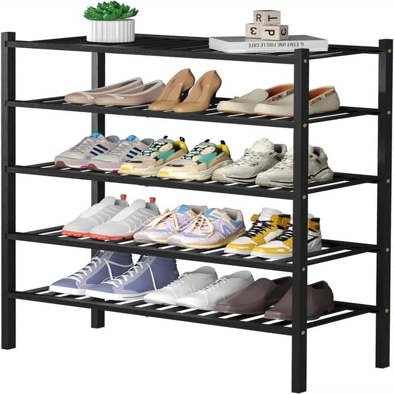 5 Tier Bamboo Shoe Rack for Closet Free Standing Wood Shoe Shelf - 11"D x 27"W x 33"H - Black