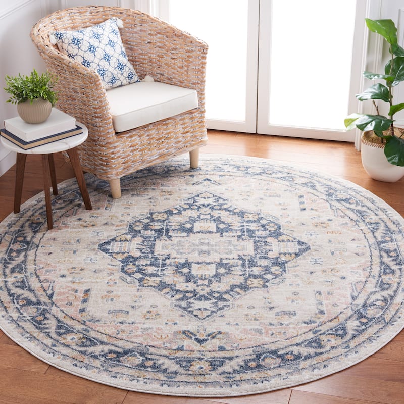 SAFAVIEH Blair Machine Washable Khadija Slip Resistant Rug - 6'7" Round - Beige/Navy