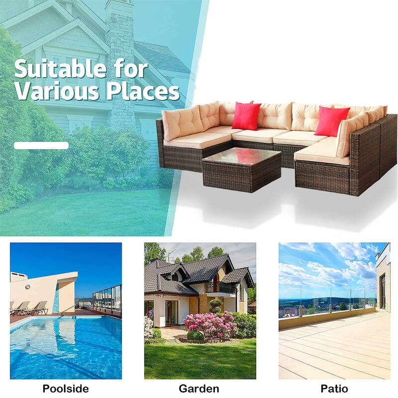 7 Piece Rattan Outdoor Patio Furniture Set, Sofa Set With Glass Table - N/A