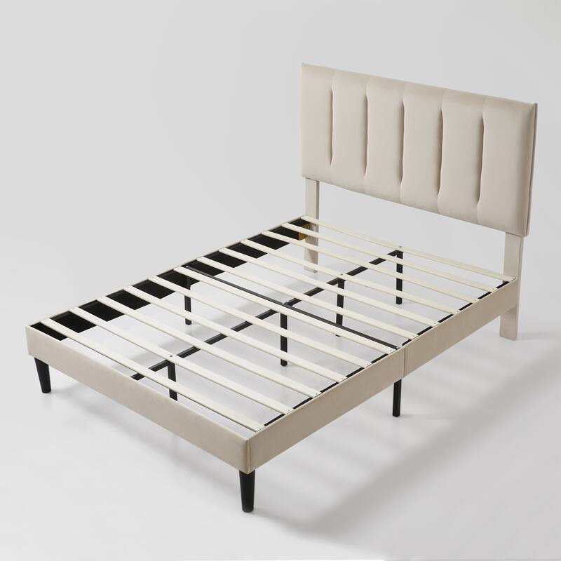 Upholstered Platform Bed Frame with Vertical Stripe Headboard