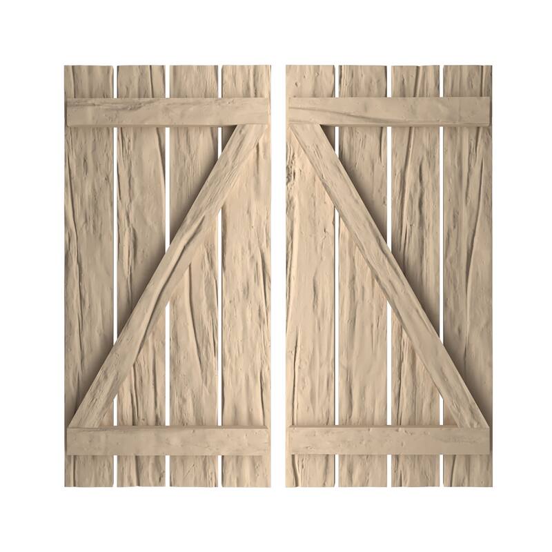 Rustic Four Board Spaced BoardnBatten Faux Wood Shutters w/ZBoard (Per Pair), Primed Tan