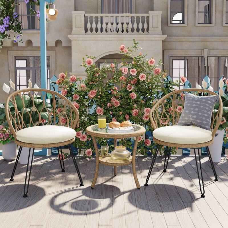 2 Rattan Single Chairs with A Glass Round Table