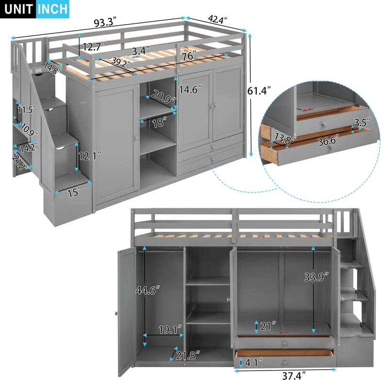 Functional Loft Bed with 3 Shelves, 2 Wardrobes and 2 Drawers, Ladder with Storage, No Box Spring Needed, Gray