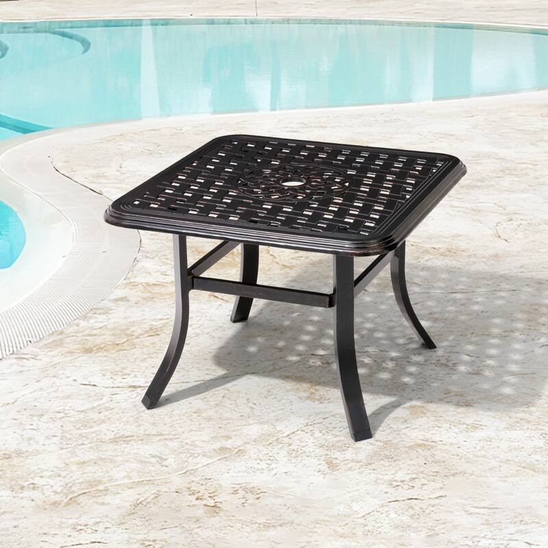 VredHom Cast Aluminum Square Side Table Outdoor with Umbrella Hole - 24.02" L x 24.02" W x 17.52" H - 24.02" L x 24.02" W x 17.52" H - Black with Bronze Spot