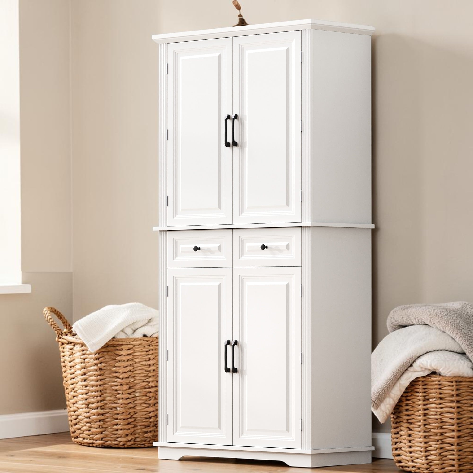 71" Farmhouse Kitchen Pantry Cabinet with Pull Out Shelves, Drawers and Door Storage Shelves