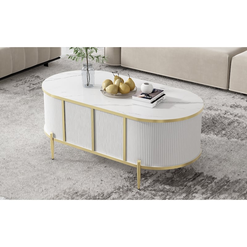 47.2" Modern Oval Coffee Table with Marble-patterned Top and 2 Cabinets