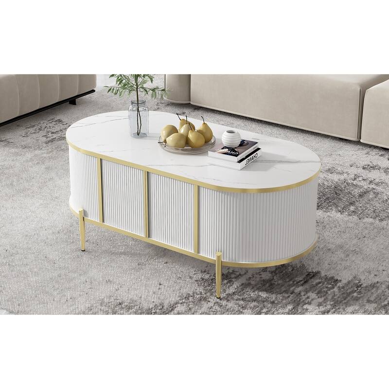 Modern Luxury Oval Grooved Coffee Table Marble Texture Coffee Table with 2 Cabinets Metal Legs for Living Room, White