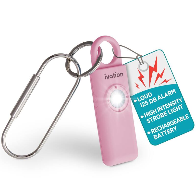 Ivation Personal SOS Keychain Alarm, 130 dB Rechargeable Personal Alarm w/LED Strobe Light - Pink