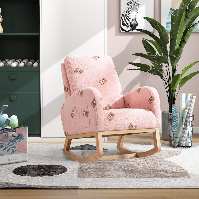 Upholstered High Back Wooden Rocking Chair for Living Room Baby Kids Room Bedroom, Pink Boucle