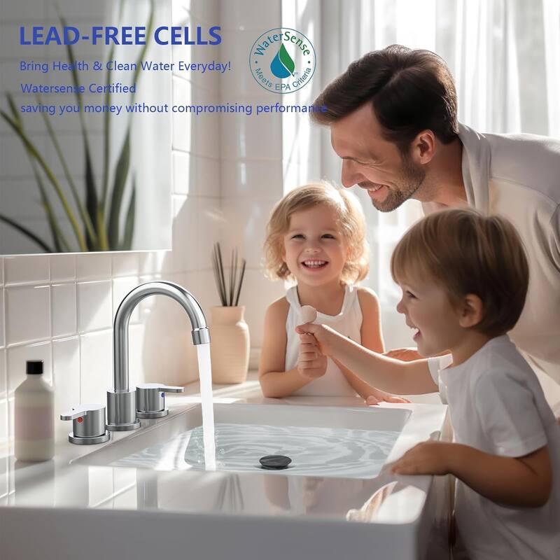 Widespread Bathroom Sink Faucet 2 Handle 8 inch Lavatory Faucet 3 Hole 360°Swivel Spout Basin Faucets with Pop Up Drain Assembly