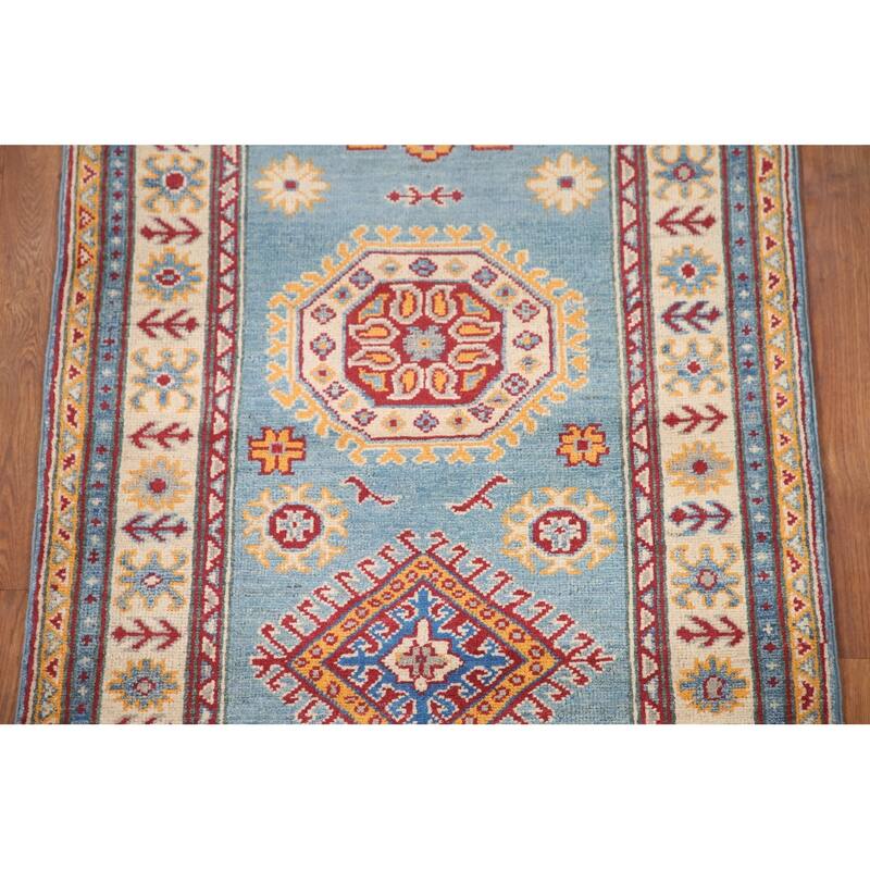 Hand Knotted Oriental 100% Wool Carpet Traditional Geometric Navy Blue & Blues Kazak Runner Rug - 9' 0'' X 2' 9''