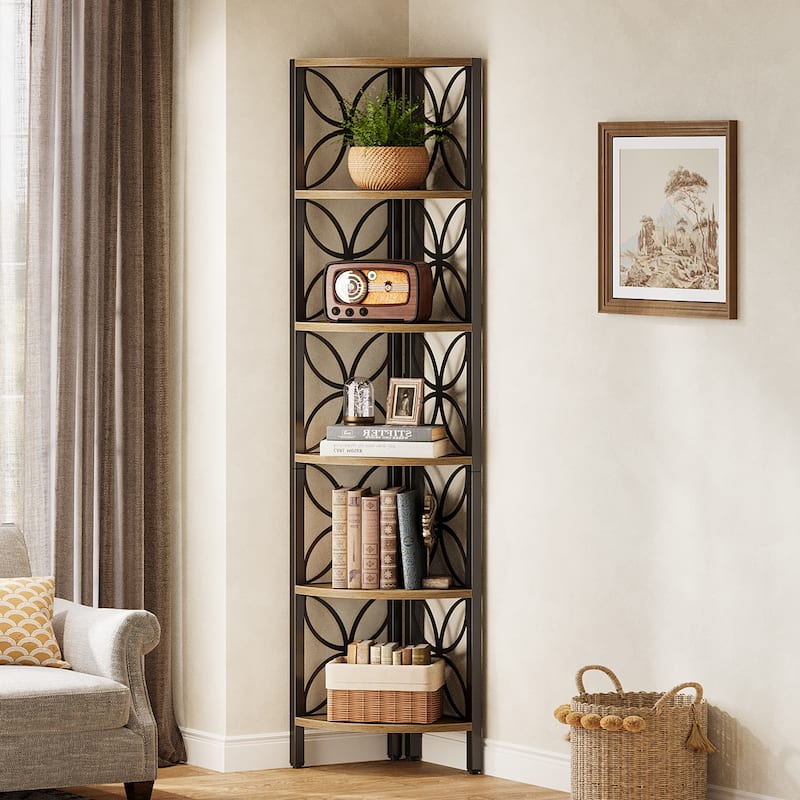 Industrial 6-Tier Corner Shelf Bookshelf Display Stand for Living Room - Brown+Black